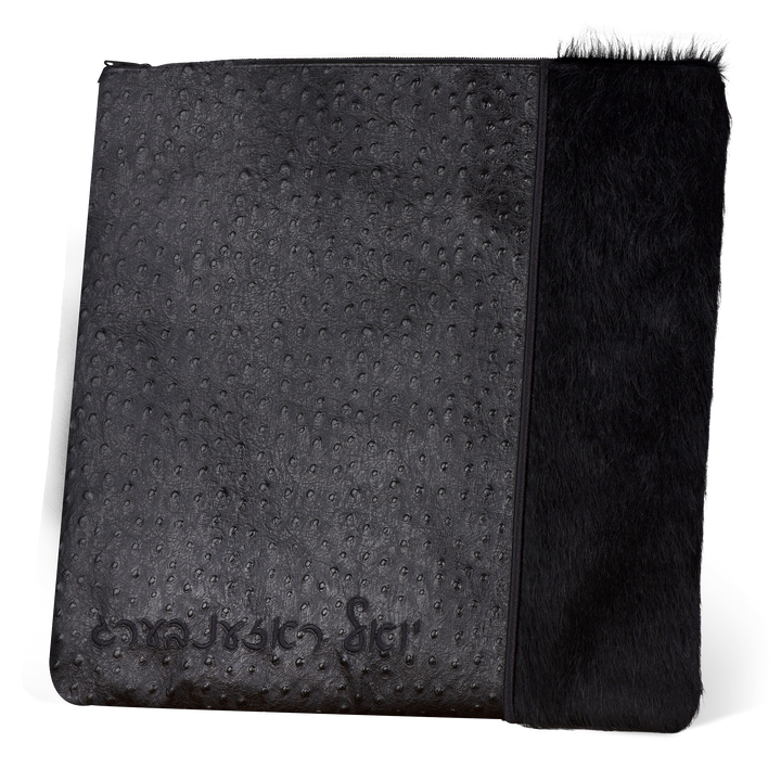 Tallis and Tefillin Bag Design #329 - Black Pebbled Leather and Black Fur - Tallis Bags