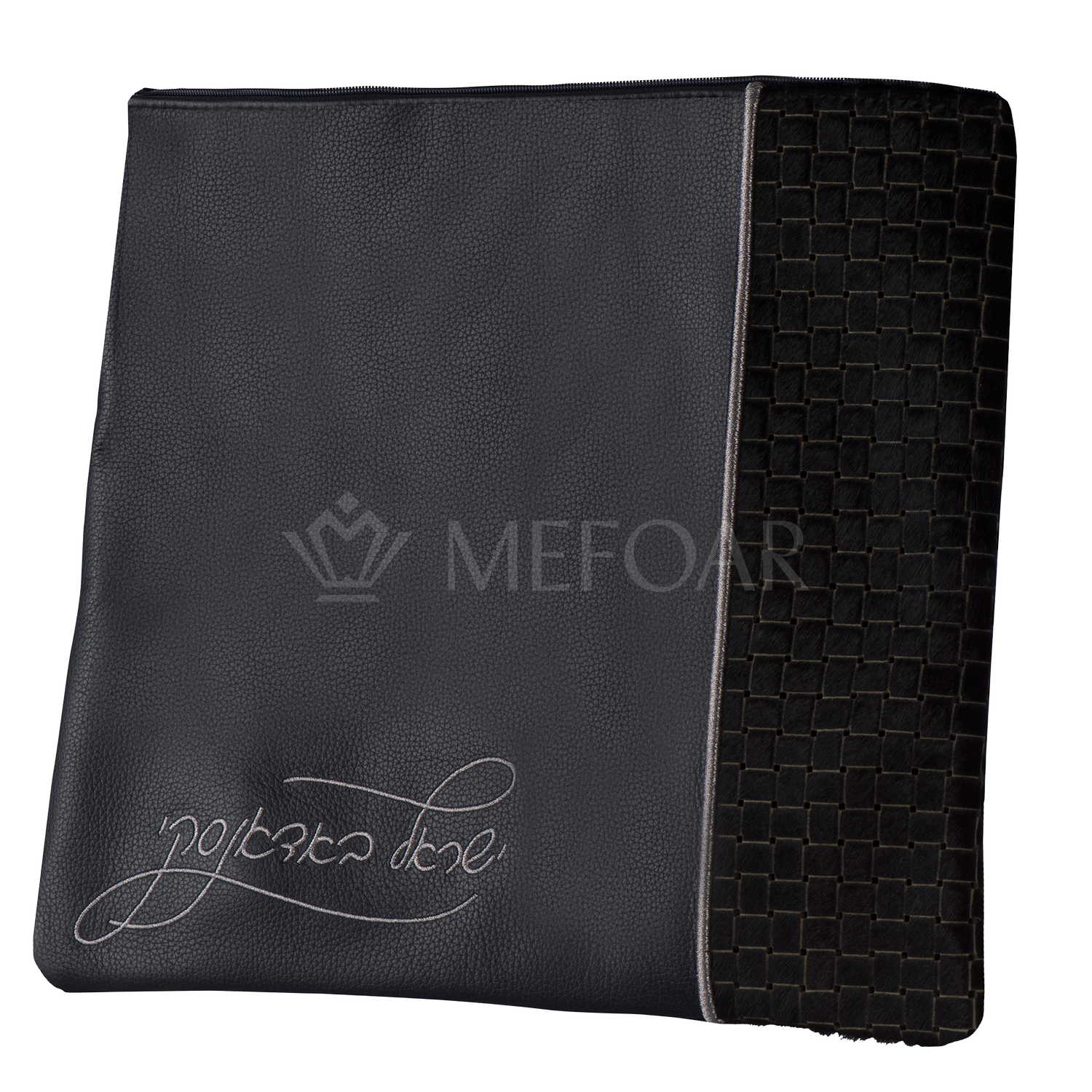 Tallis and Tefillin Bag Design #329 - Black Leather with Woven Fur - Tallis Bags view 3 | Judaica Square Lakewood