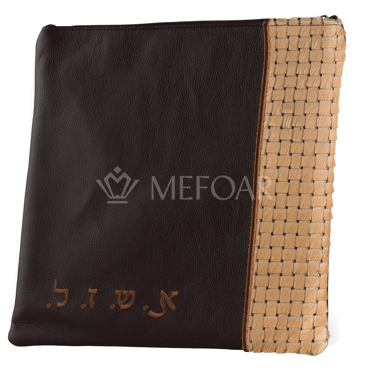 Tallis and Tefillin Bag Design #329 - Black Leather with Woven Fur - Tallis Bags view 2 | Judaica Square Lakewood