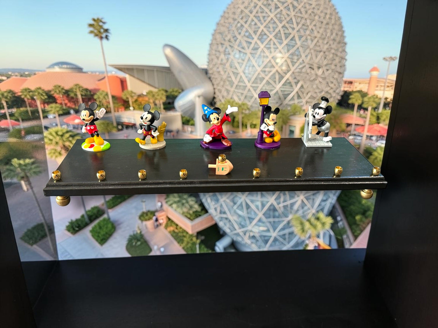 Mickey Mouse anniversary menorah — row of repurposed Disney figures with brass cups | Judaica Square Lakewood (view 4)