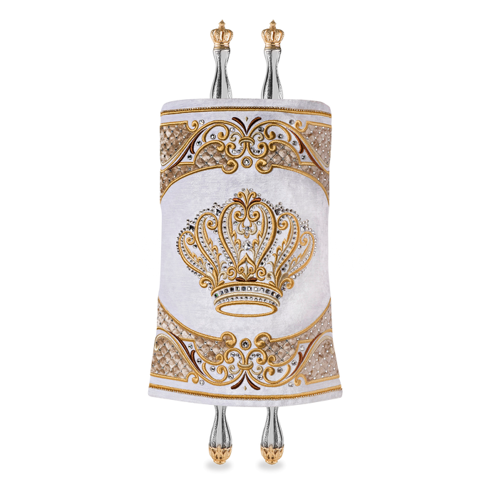 Velvet Torah Mantle - Style 805-White and Gold - Torah Covers & Mantles