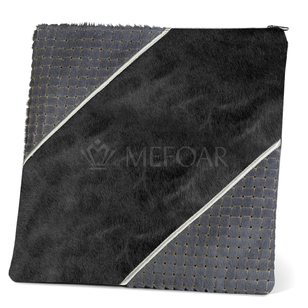 Design 343 tallis bag with a black fur-textured diagonal center and gray woven corner panels
