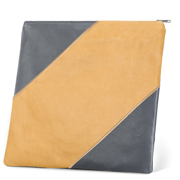 Design 343 tallis bag with a camel tan diagonal center, gray corner panels and silver-colored trim
