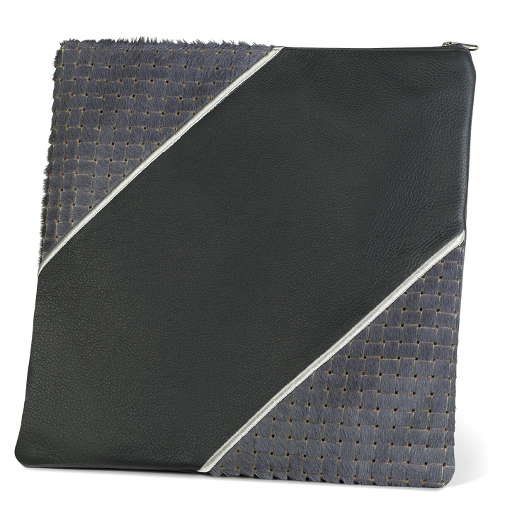 Design 343 tallis bag with a black diagonal center, gray woven corners and silver-colored trim
