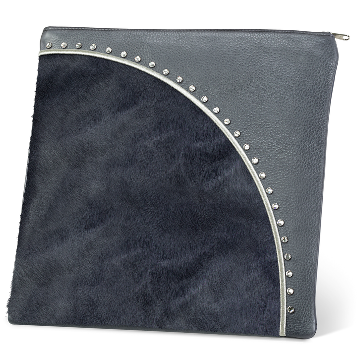 Gray Design 344 tallis bag with a curved blue-gray fur panel, silver-colored trim and studs