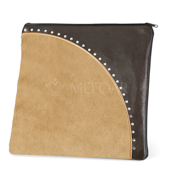 Brown Design 344 tallis bag with a curved camel tan fur panel, gold-colored trim and studs