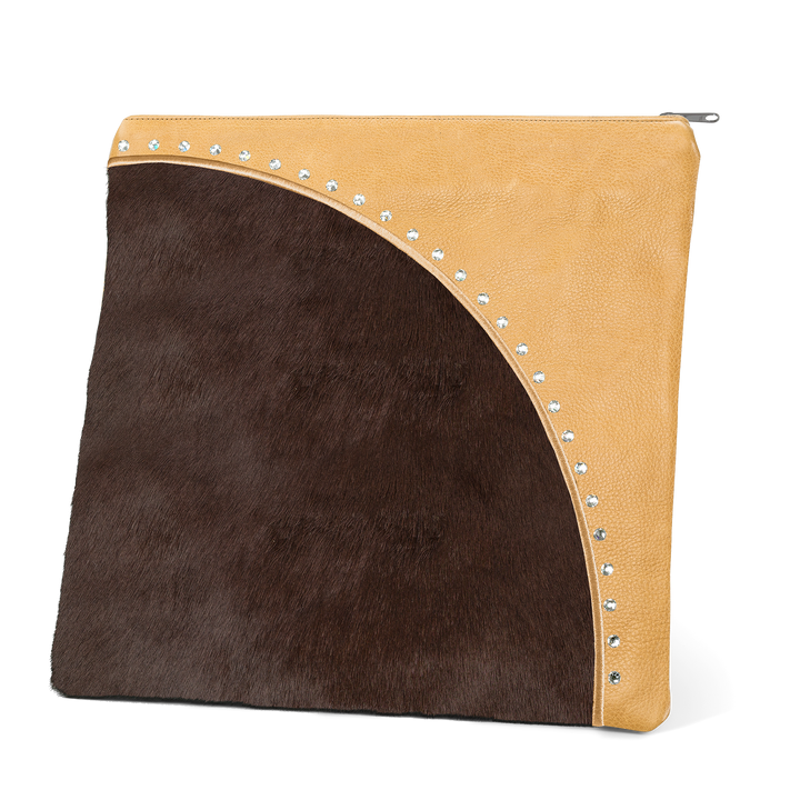 Camel tan Design 344 tallis bag with a curved brown fur panel and a row of studs