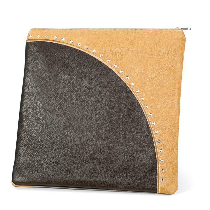 Design 344 tallis bag with a dark brown curved front, camel tan upper corner and studs