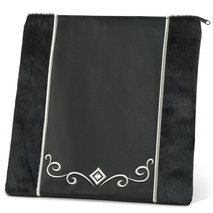 Design 345 tallis bag with a black center, black fur side panels and silver-colored scroll embroidery