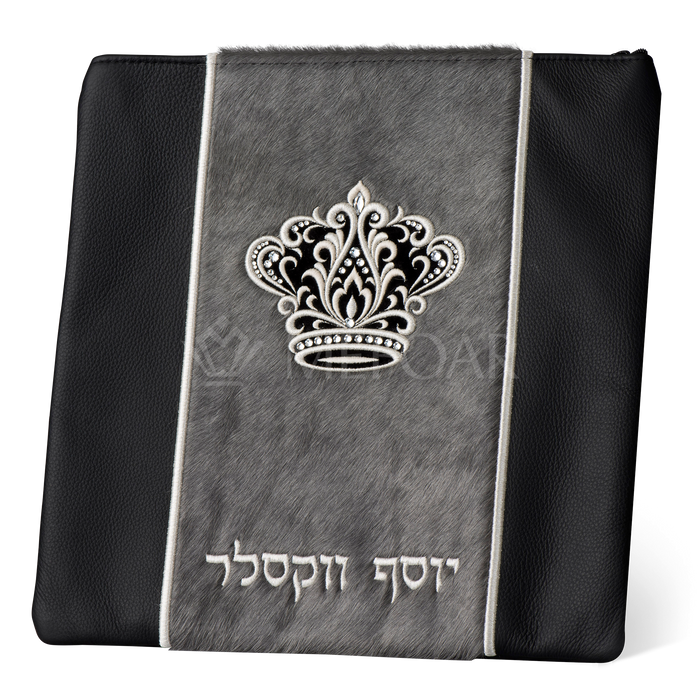 Tallis and Tefillin Bag Design #347 - Black Leather and Fur - Tallis Bags | Judaica Square Lakewood