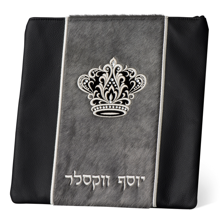 Tallis and Tefillin Bag Design #347 - Black Leather and Fur - Tallis Bags