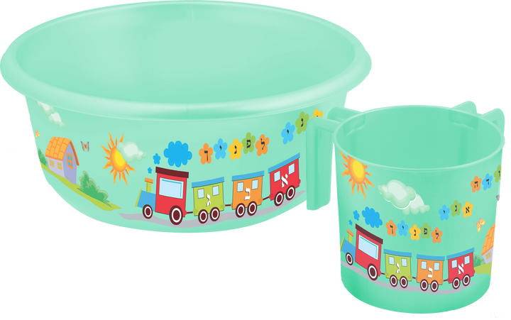 Glow in the dark negel vasser set in pale mint green, with a lettered train and sunny cottage print