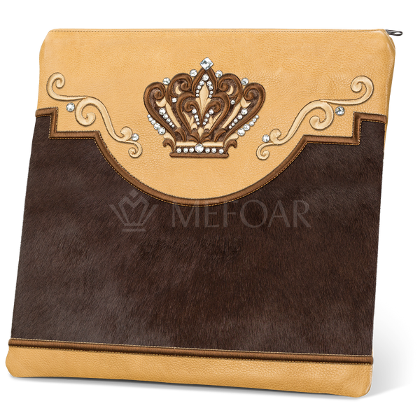 Design 350 camel leather tallis and tefillin bag set with brown fur panel and jeweled crown embroidery