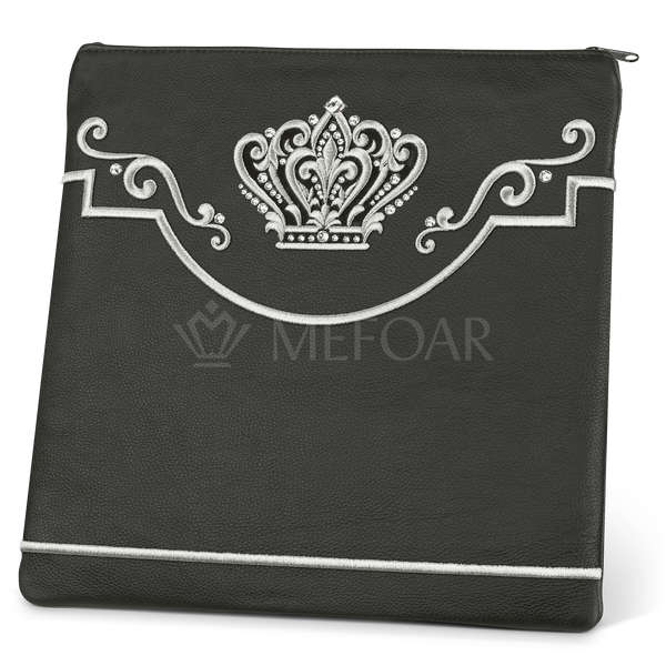 Design 350 solid black leather tallis and tefillin bag set with silver crown embroidery