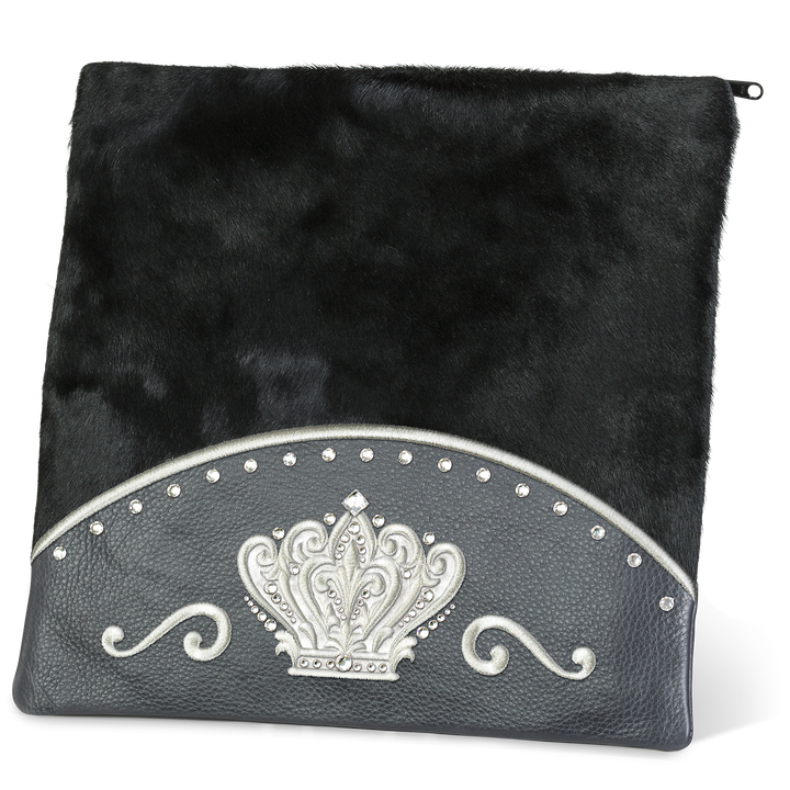 Design 351 livid leather tallis and tefillin bag set with black fur panel and jeweled crown embroidery