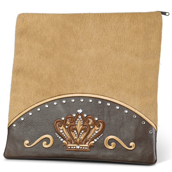Design 351 brown leather tallis and tefillin bag set with camel fur panel and jeweled crown embroidery