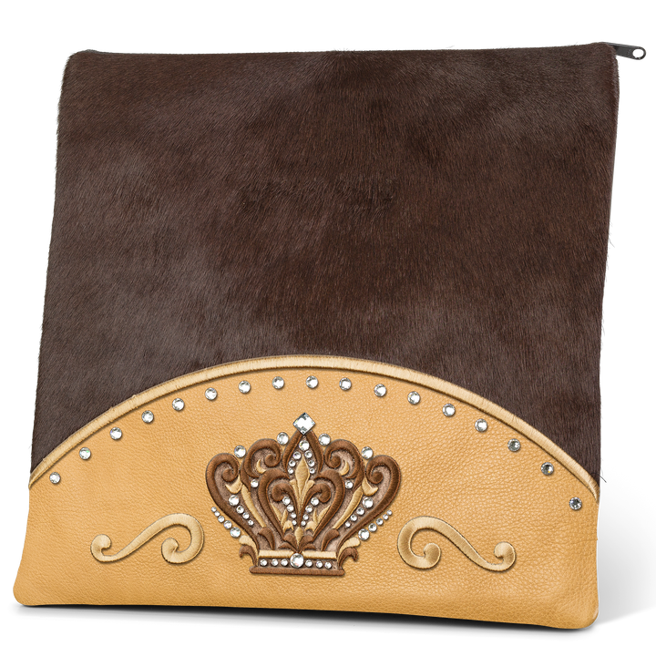 Design 351 camel leather tallis and tefillin bag set with brown fur panel and jeweled crown embroidery
