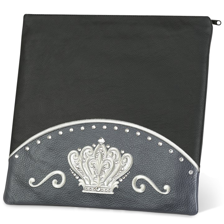 Black leather Tallis and Tefillin bag with livid crown panel, Design 351