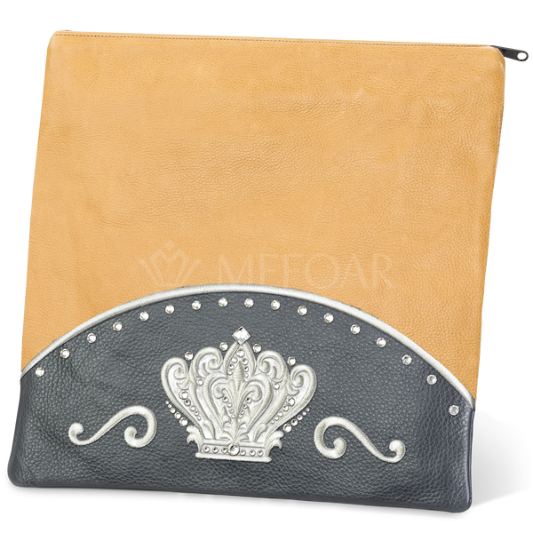 Camel leather Tallis and Tefillin bag with livid crown panel, Design 351