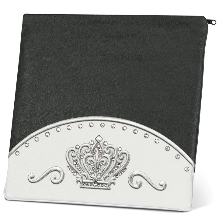 Design 351 black leather tallis and tefillin bag set with white leather crown panel