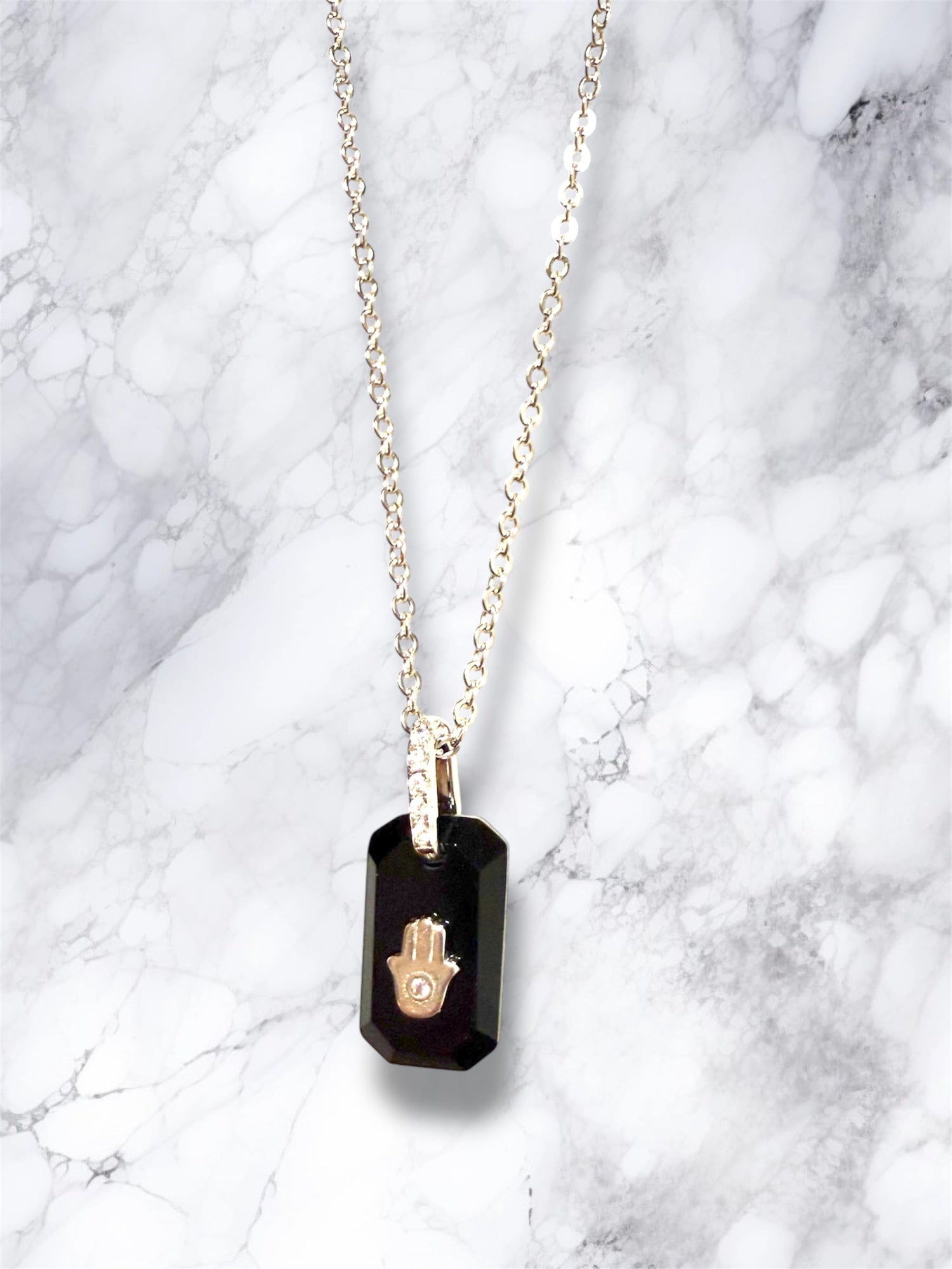 Black onyx hamsa necklace — sterling silver pendant with cubic zirconia | Judaica Square Lakewood (view 4)