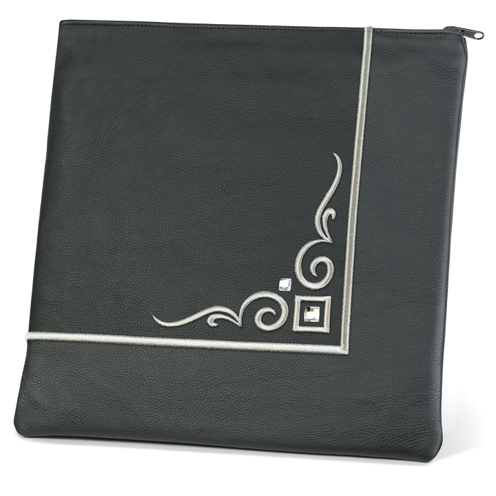 Design 356 black solid leather tallis bag with embroidered crystal border