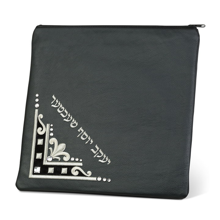 Design 357 black solid leather tallis bag with embroidered crystal corner
