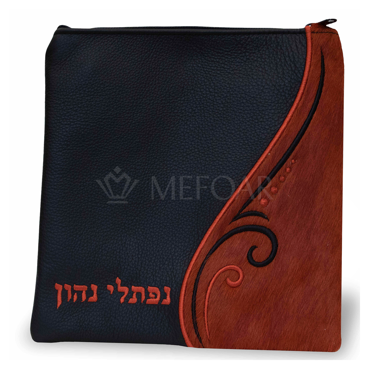 Tallis and Tefillin Bag Design #359 - Black Leather and Fur - Tallis Bags view 4 | Judaica Square Lakewood