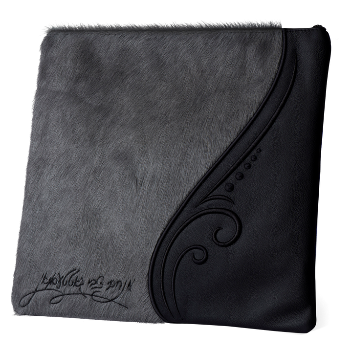 Design 359 black leather tallis bag with grey fur panel