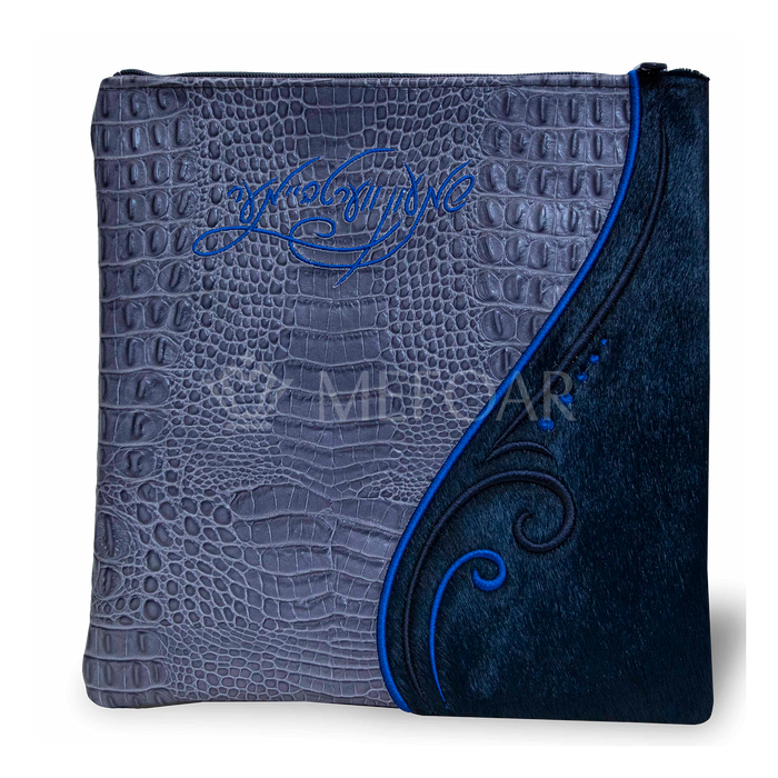 Tallis and Tefillin Bag Design #359 - Navy Croc Leather and Navy Fur - Tallis Bags | Judaica Square Lakewood