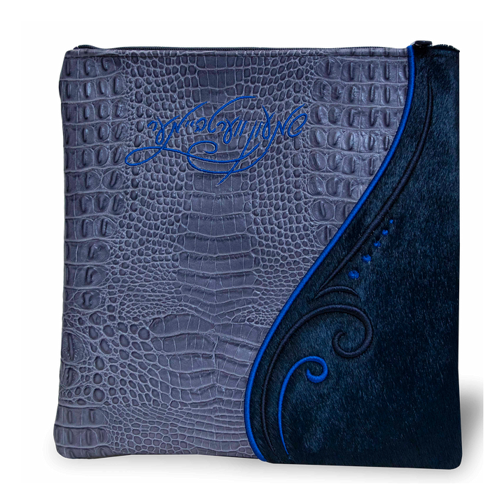 Design 359 navy crocodile-textured leather tallis bag with navy fur panel