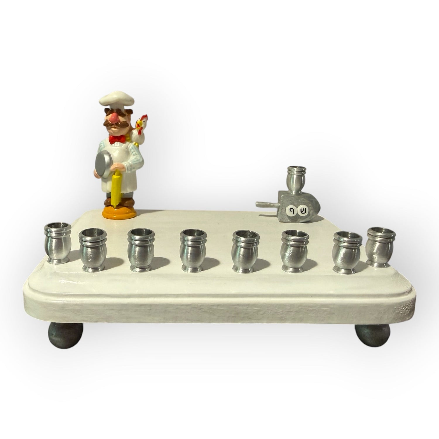 Swedish Chef menorah — Muppets chef figure with Hebrew bead dreidel and aluminum cups | Judaica Square Lakewood (view 15)