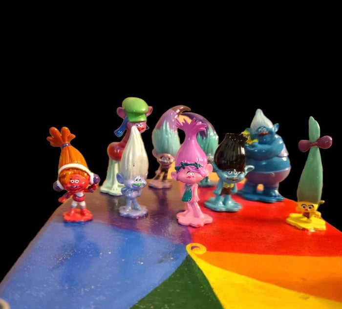 Trolls World Tour Menorah — Poppy and Tiny Diamond figures on painted plaque | Judaica Square Lakewood