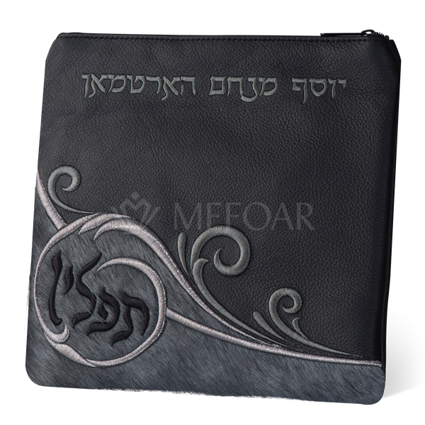 Design 367 black leather tallis bag with grey fur panel