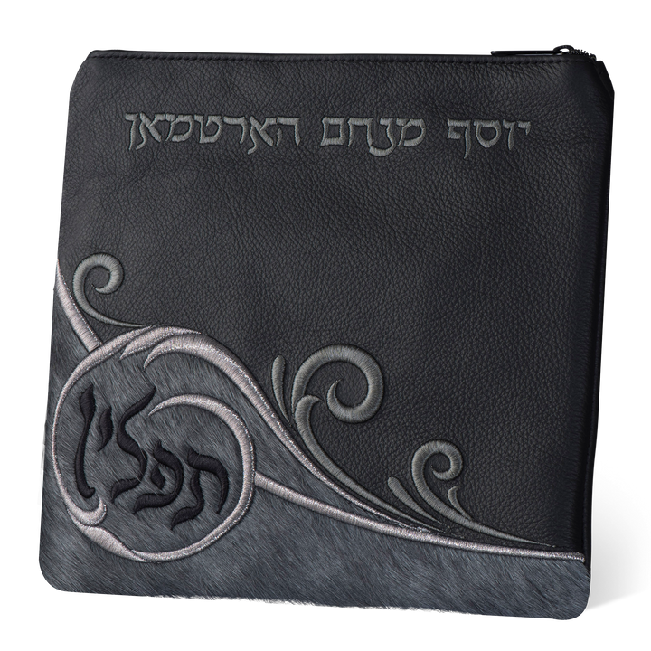 Design 367 black leather tallis bag with grey fur panel