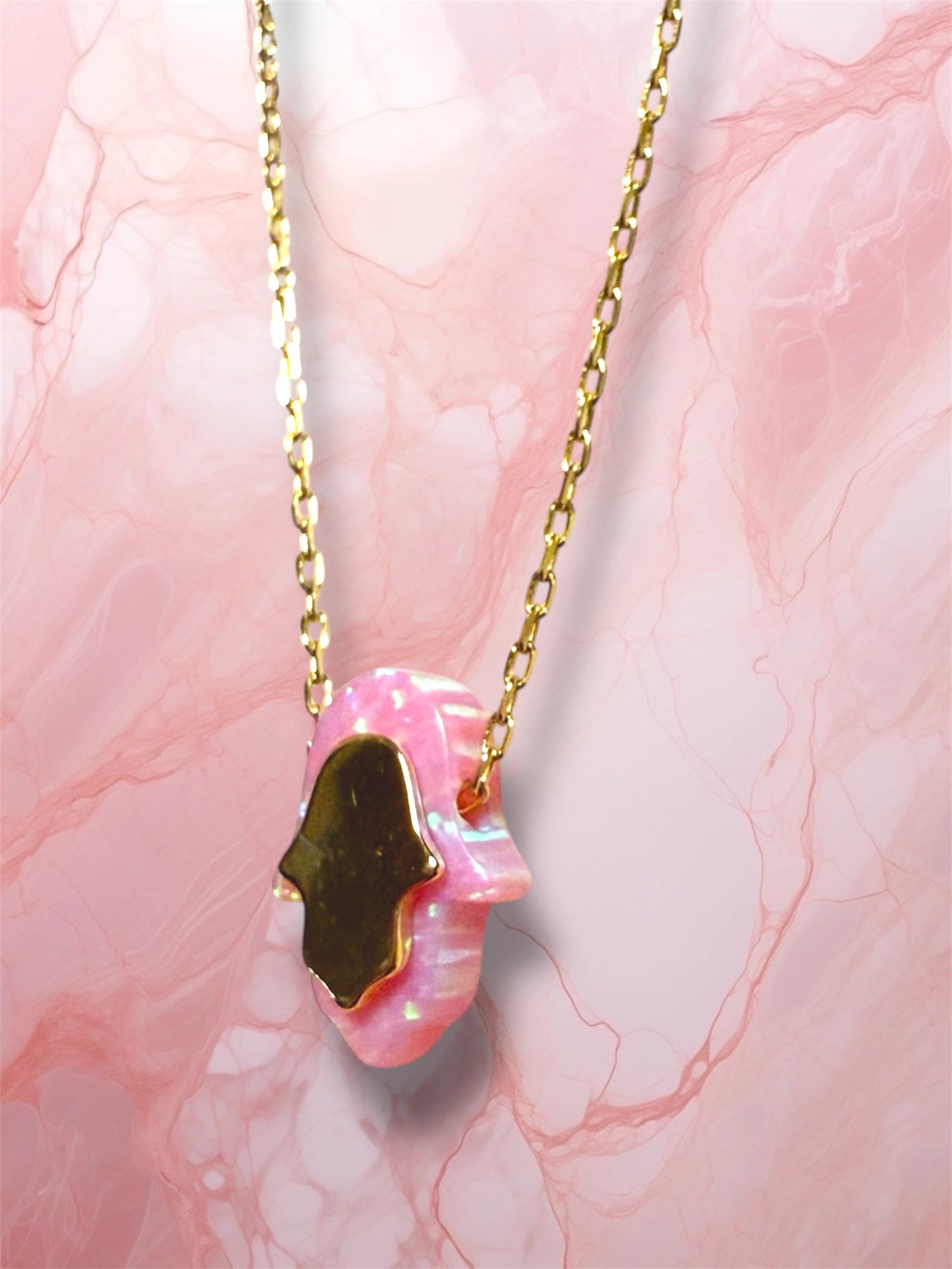 Pink opal hamsa necklace — gold plated sterling pendant | Judaica Square Lakewood (view 5)
