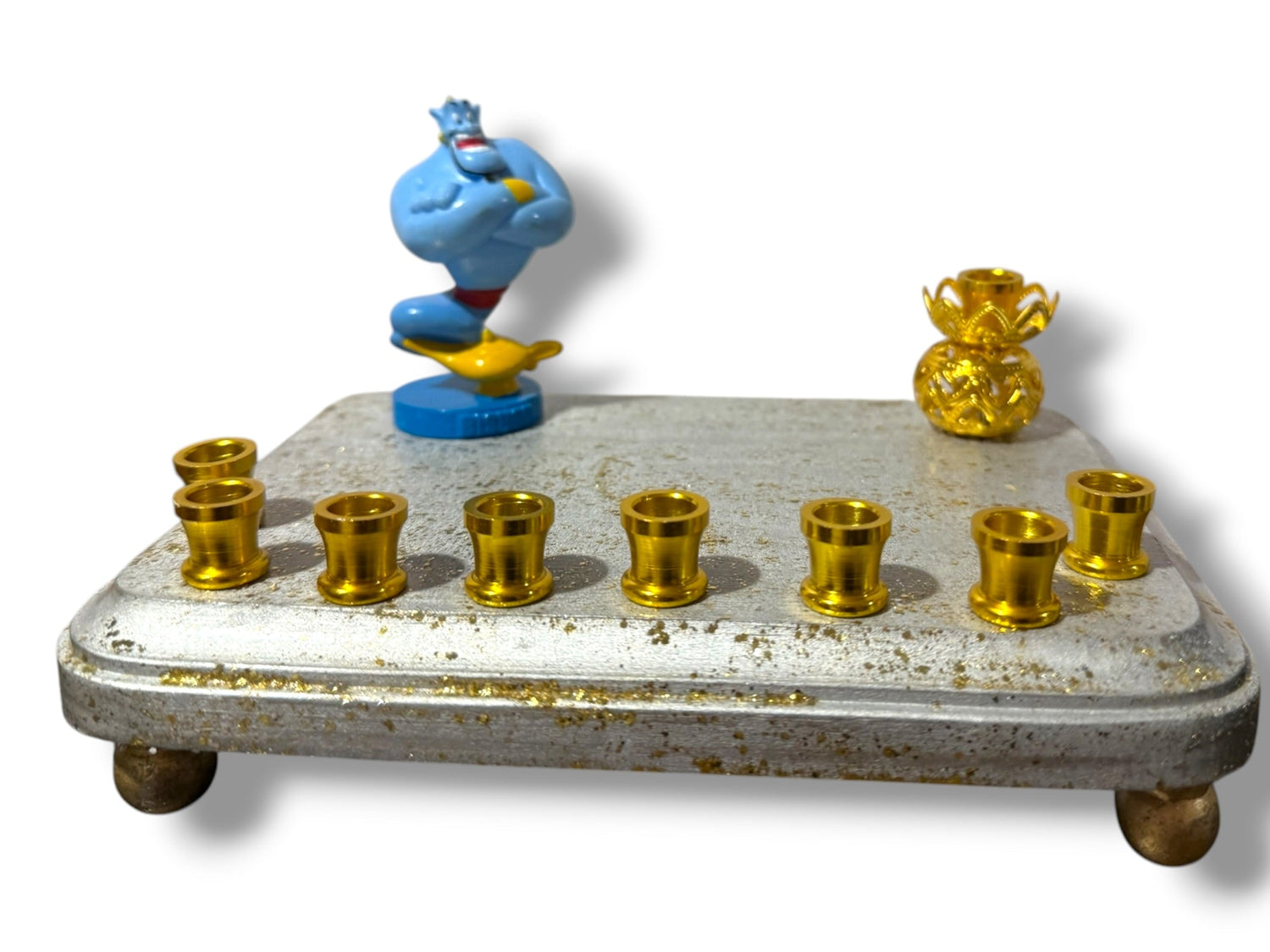 Genie menorah — blue Aladdin genie figure on painted wood plaque with aluminum candle cups | Judaica Square Lakewoo (view 15)