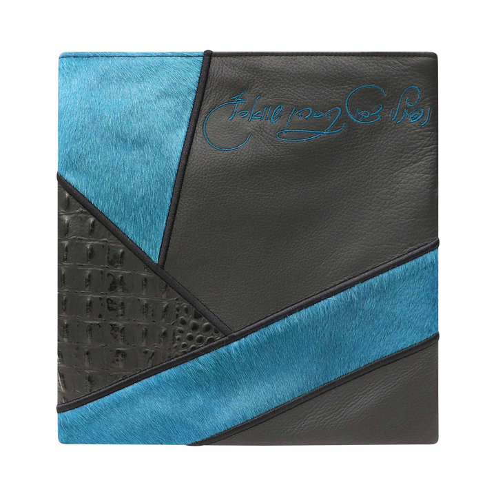 Design 383 black leather tallis bag with sky-blue fur panel