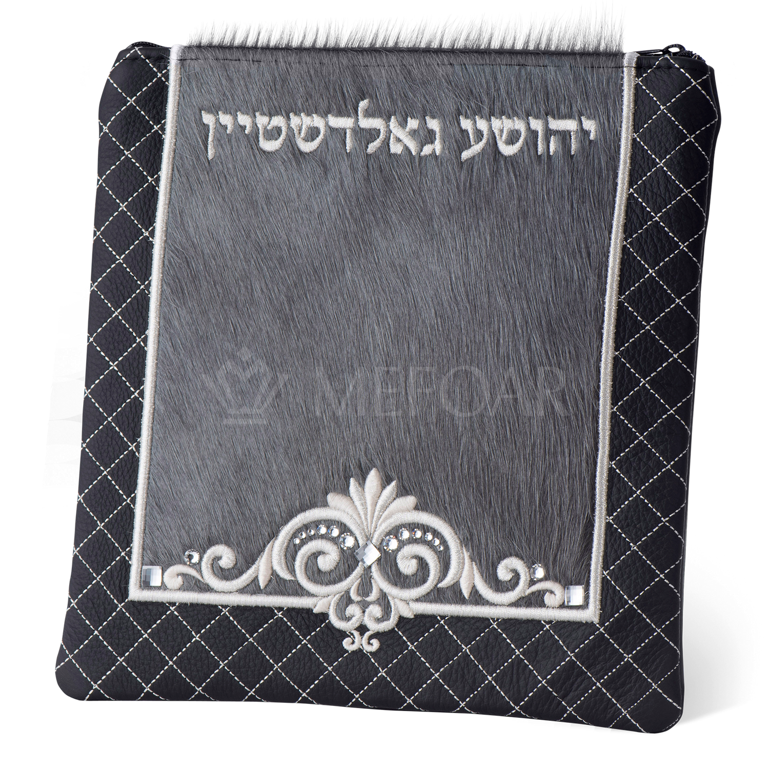 Tallis and Tefillin Bag Design #385 - Black Leather and Fur - Tallis Bags view 2 | Judaica Square Lakewood