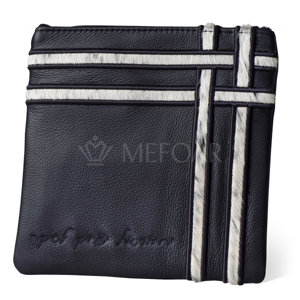 Design 386 black leather tallis and tefillin bag set with black-and-white fur inlays
