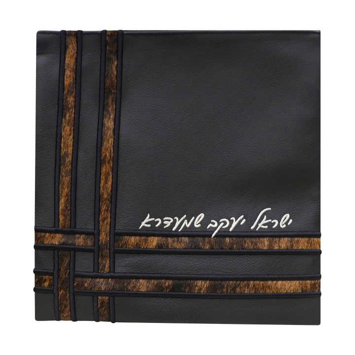 Design 386 black leather tallis and tefillin bag set with brown-and-black fur inlays