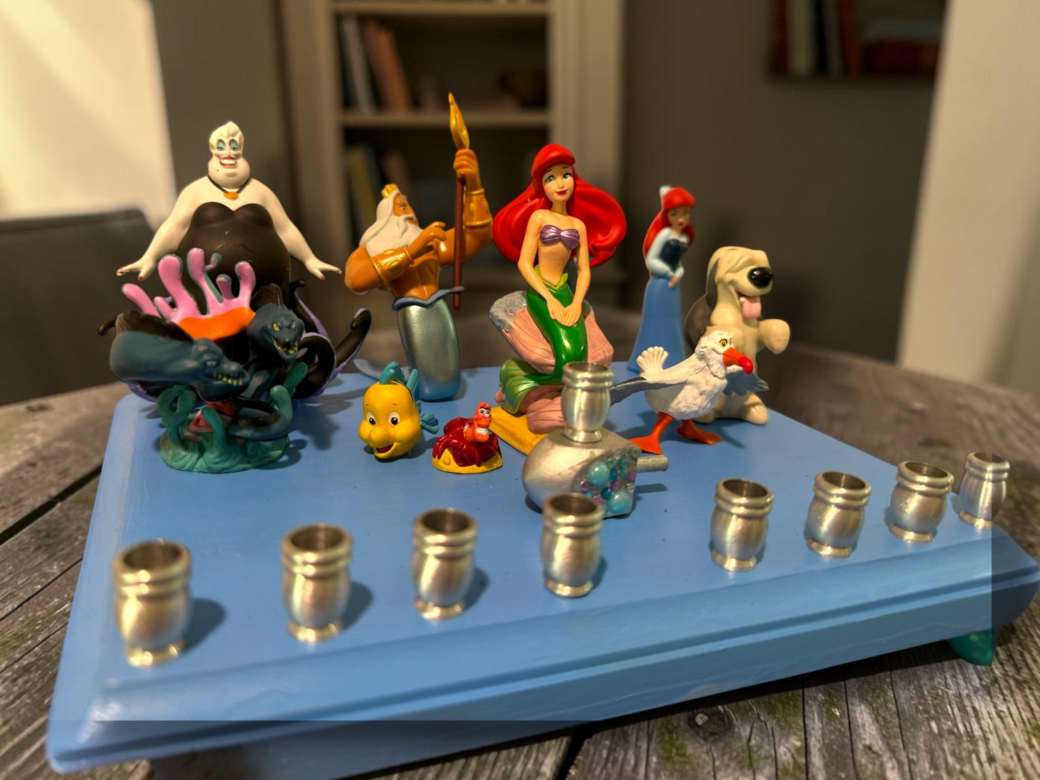 Little Mermaid Menorah — mermaid figures and rhinestones on a painted wood plaque | Judaica Square Lakewood (view 17)