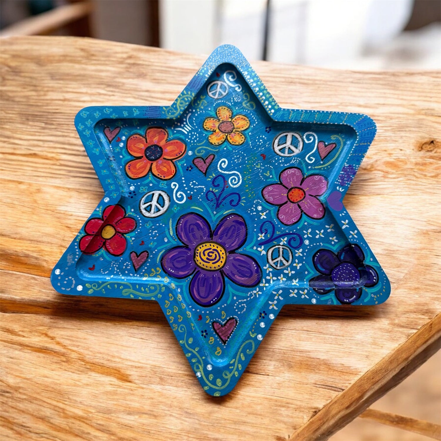 Peace and love Star of David tray — Woodstock-inspired hand-painted wood tray | Judaica Square Lakewood (view 2)