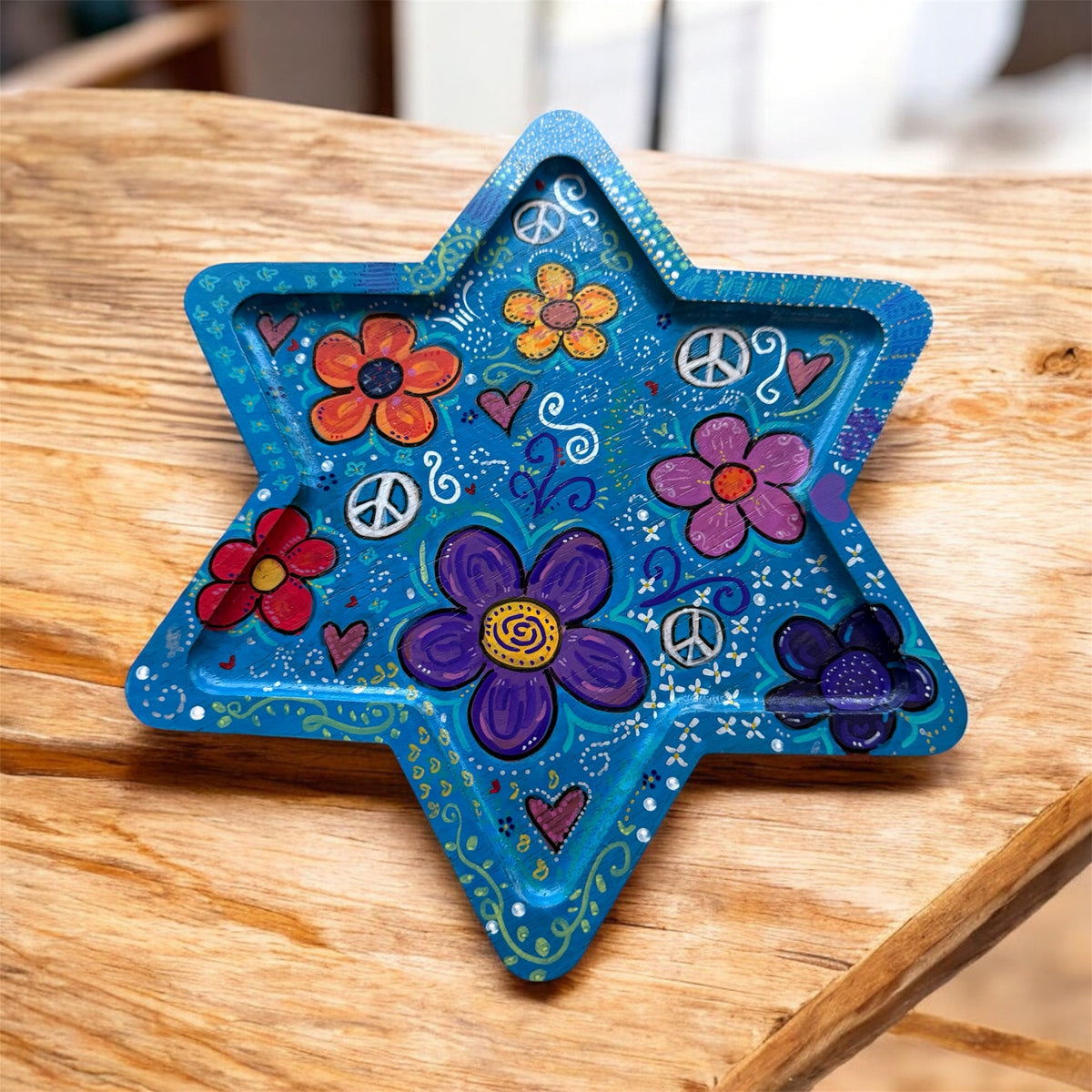 Peace and love Star of David tray — Woodstock-inspired hand-painted wood tray | Judaica Square Lakewood (view 2)