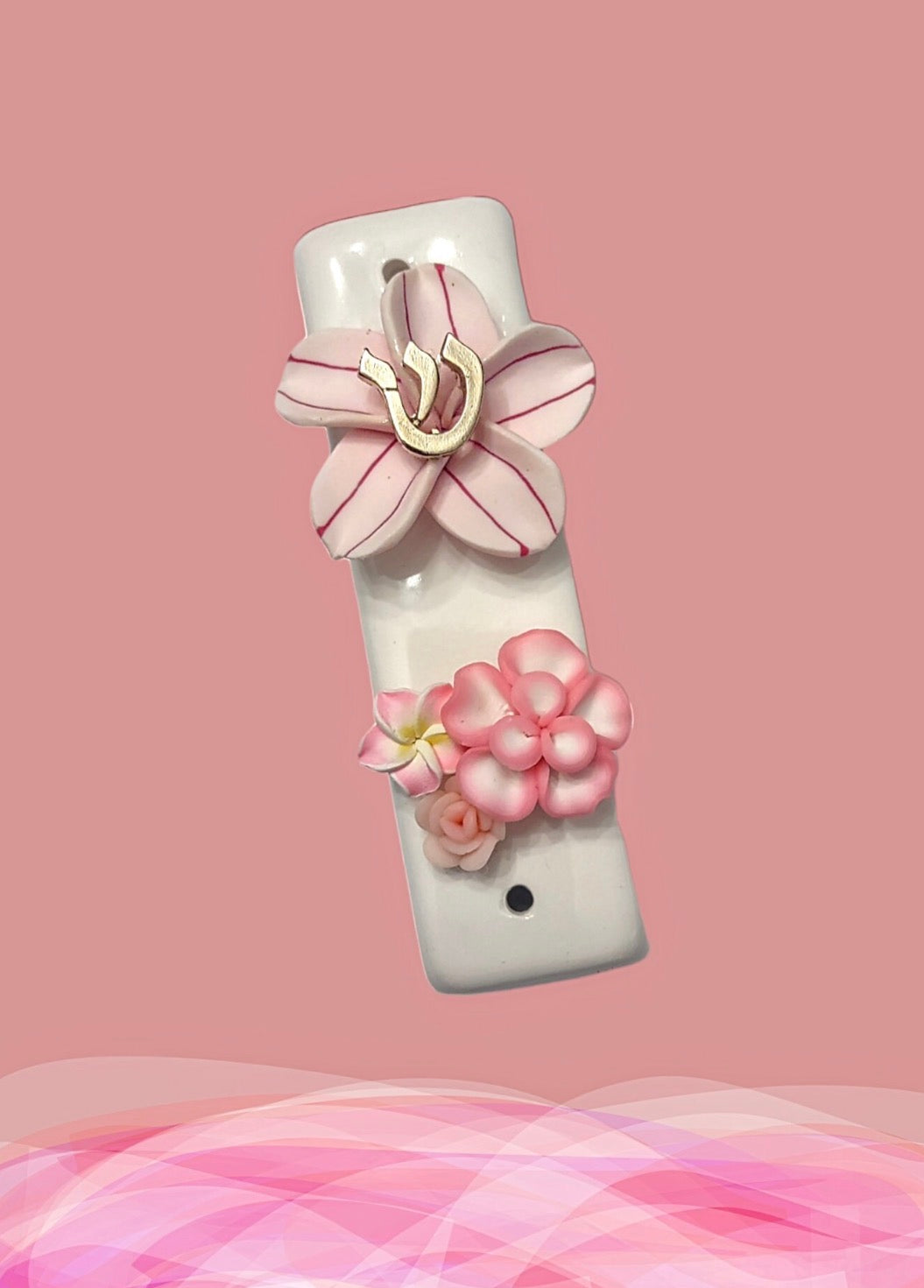 Ceramic tropical flower mezuzah case — slim glazed case with silicone bloom and metal trim | Judaica Square Lakewood (view 7)