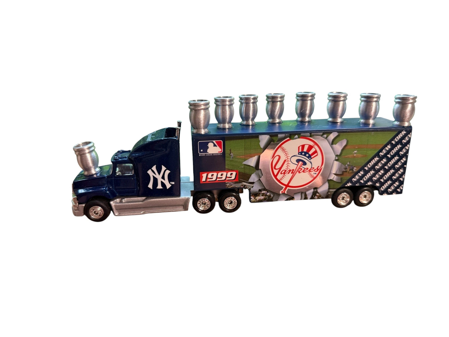 Yankees truck menorah — vintage die-cast baseball truck with a row of aluminum candle cups | Judaica Square Lakewood (view 4)