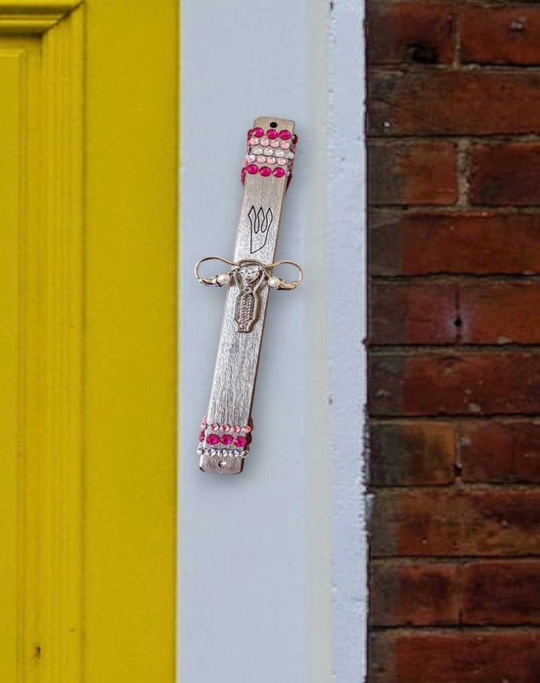 Women's rights mezuzah — pink rhinestones and gold uterus pin | Judaica Square Lakewood (view 8)