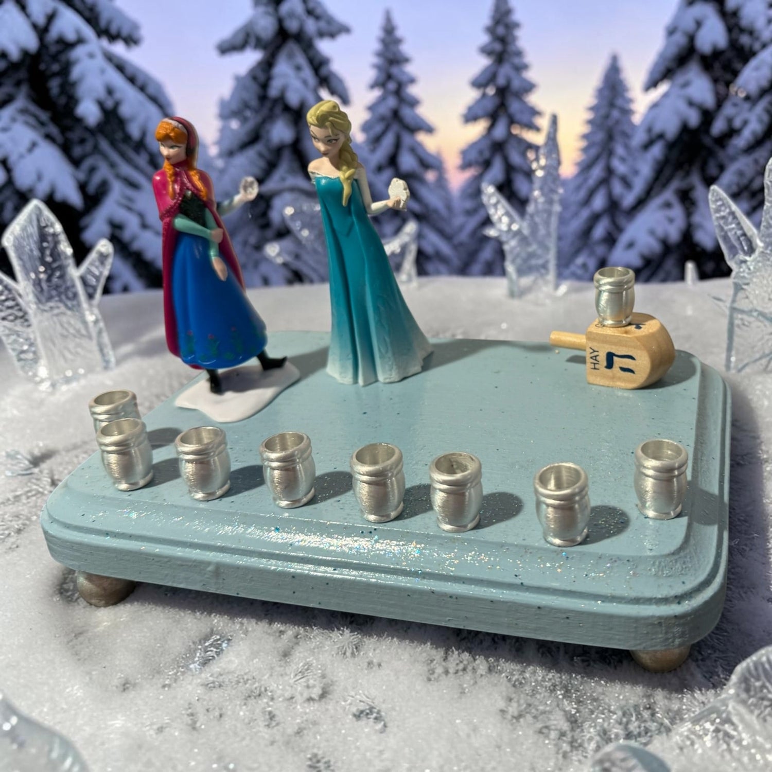 Frozen menorah — Anna and Elsa figures on rhinestone-trimmed painted plaque | Judaica Square Lakewood (view 5)