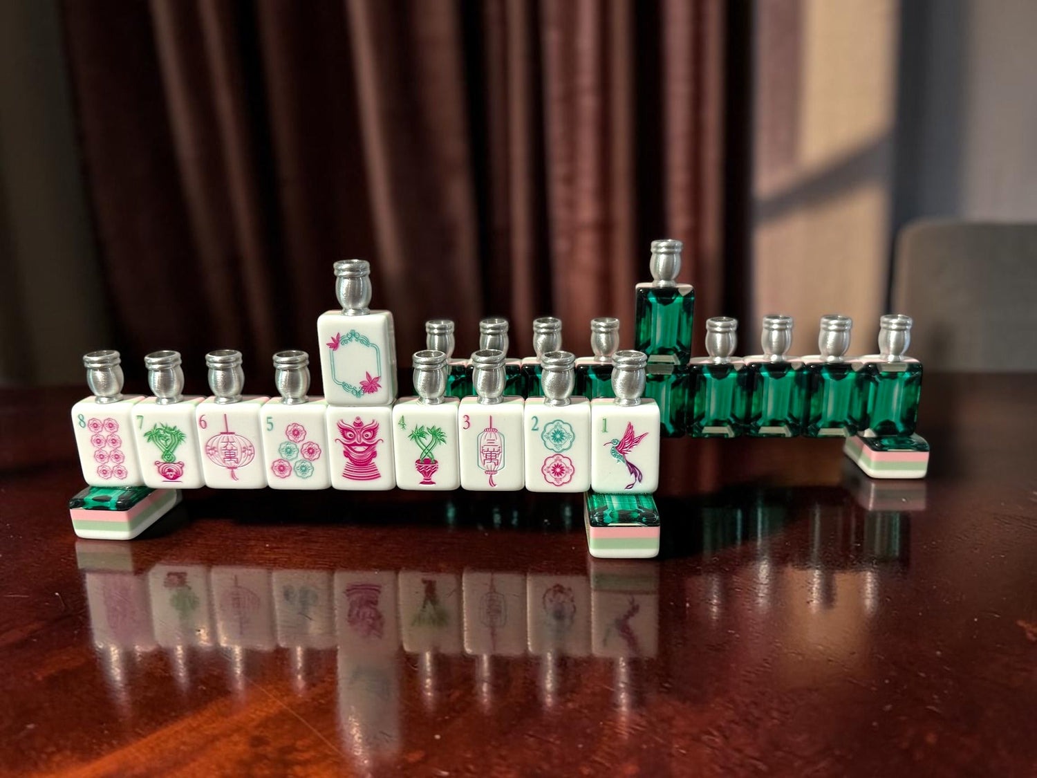 Mah Jongg menorah — repurposed game tiles with numbered aluminum candle cups | Judaica Square Lakewood (view 12)