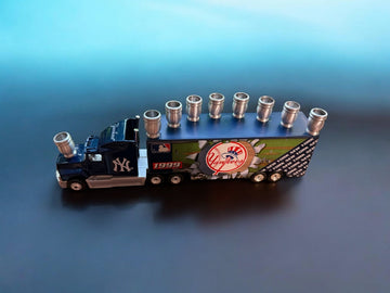 Yankees truck menorah — vintage die-cast baseball truck with a row of aluminum candle cups | Judaica Square Lakewood